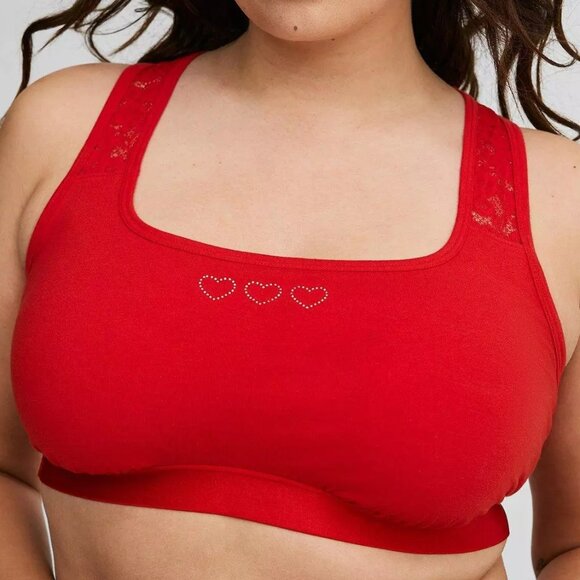 Torrid Bra 1X Red- Bralette Rhinestone Hearts Lace Racerback Square Neck Pull On - Picture 1 of 3